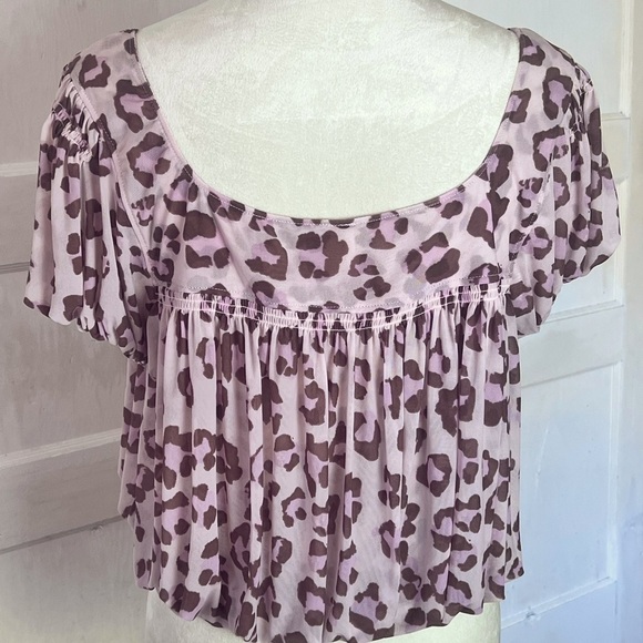 FREE PEOPLE MEG CHEETAH CROP MESH TOP SZ S PINK BROWN FLOWY BOHO SPRING SUMMER - Picture 7 of 11